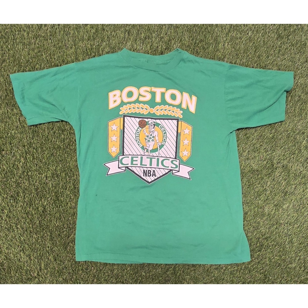 Vtg 80s Boston Celtics T Shirt Artex L Single Stitch 50/50 Leprechaun NBA Green